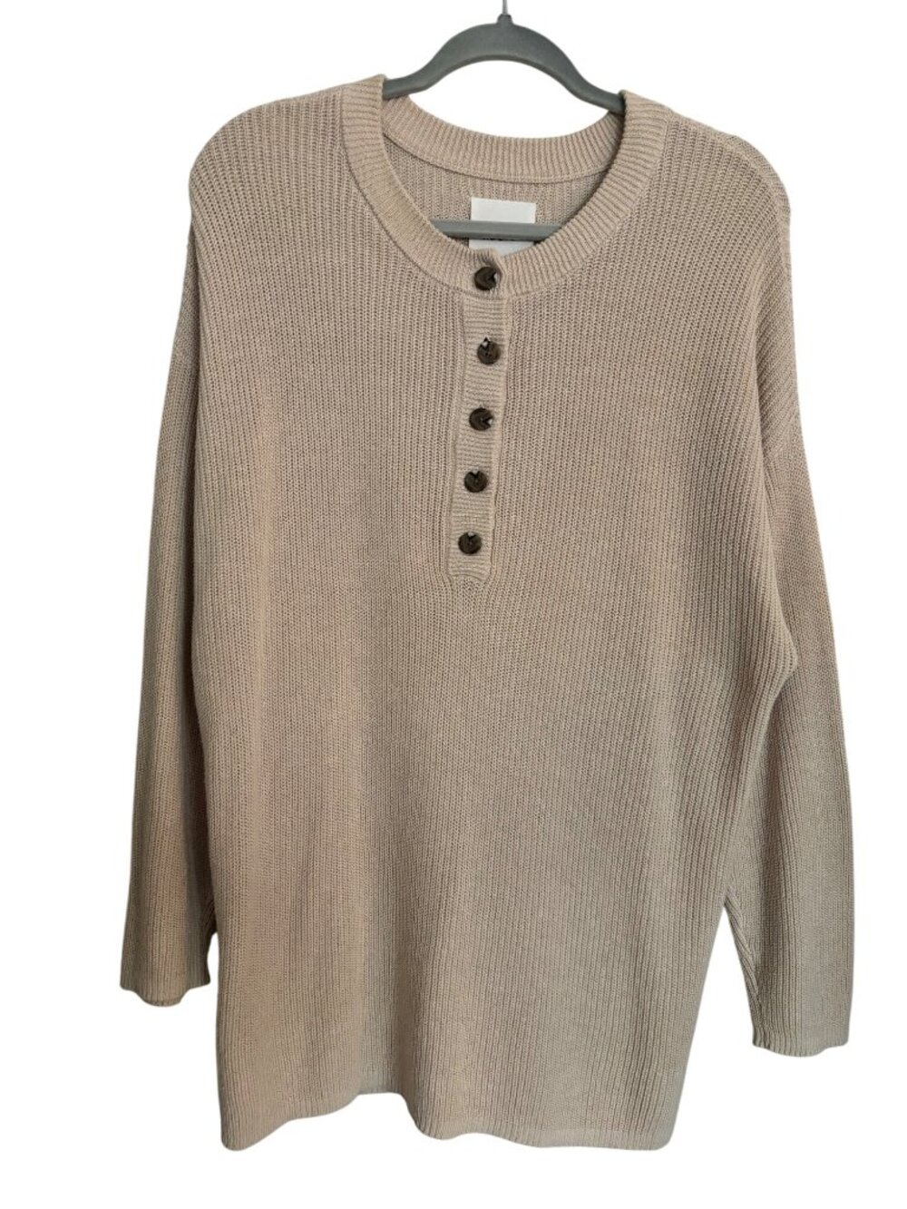 Aerie Womens Beige Ribbed Knit Henley Sweater Medium Button Front Long Sleeve